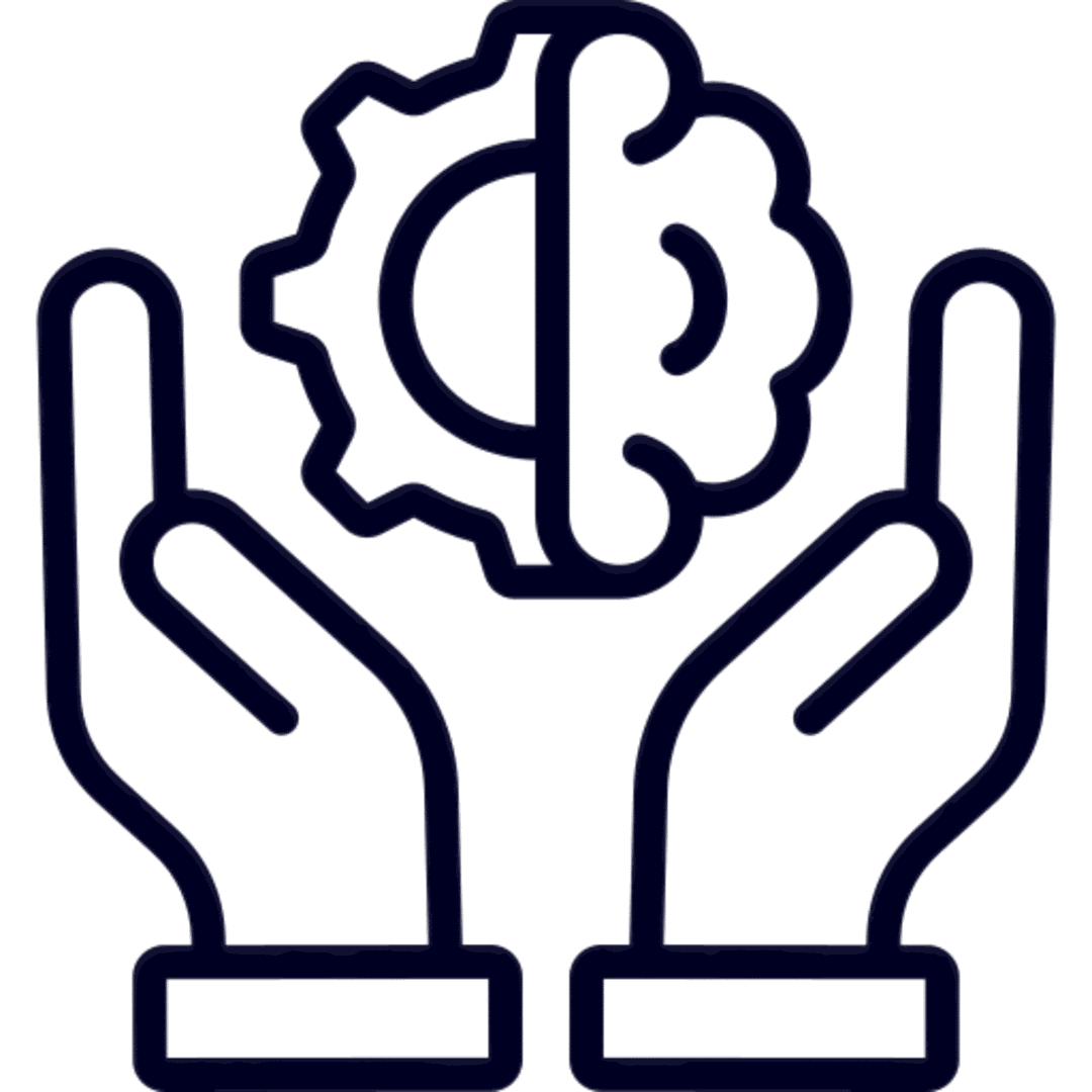 Hands holding a gear and brain symbol.