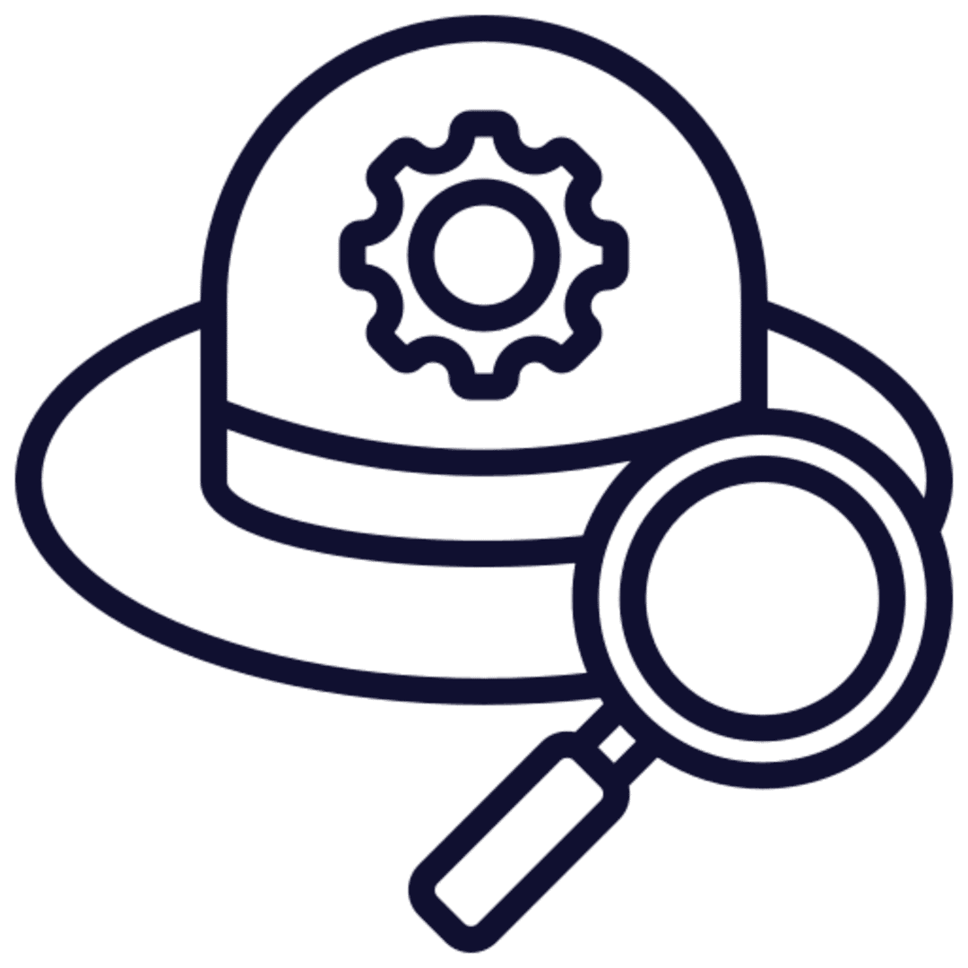 Inspection hat with gear and magnifying glass