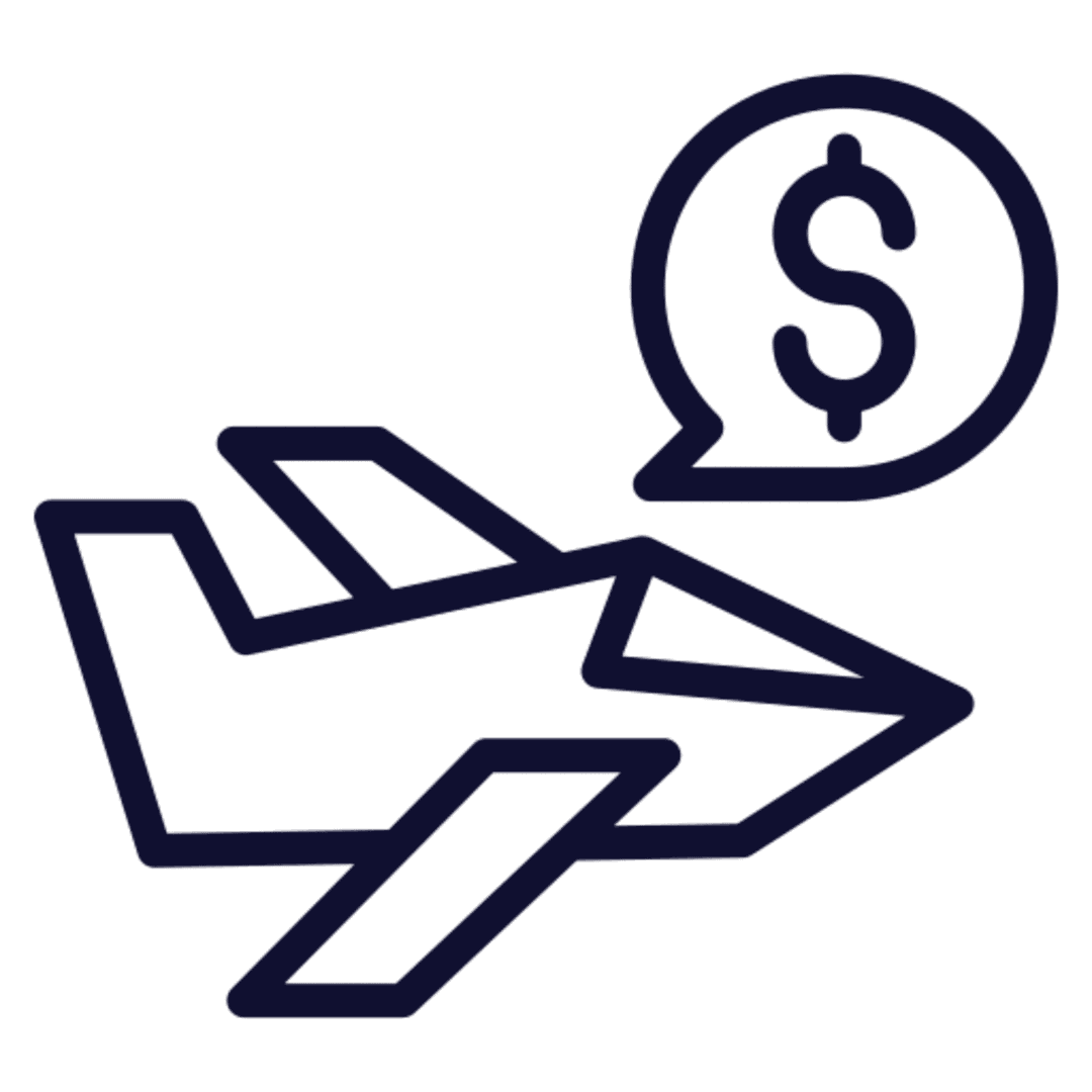Aircraft icon with dollar sign speech bubble.