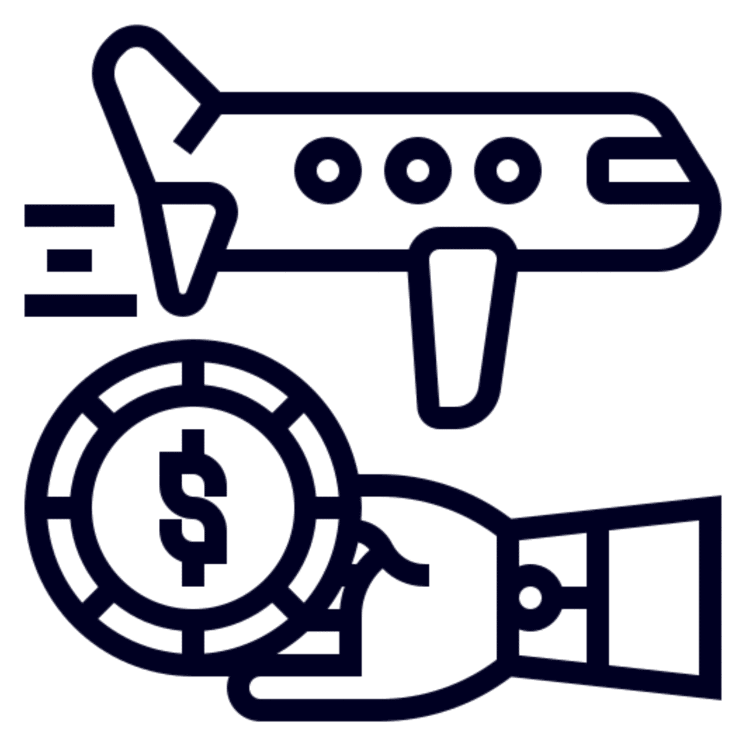 Airplane icon with money symbol illustration.