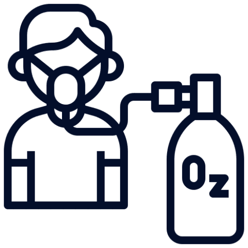 Person using oxygen mask connected to tank.